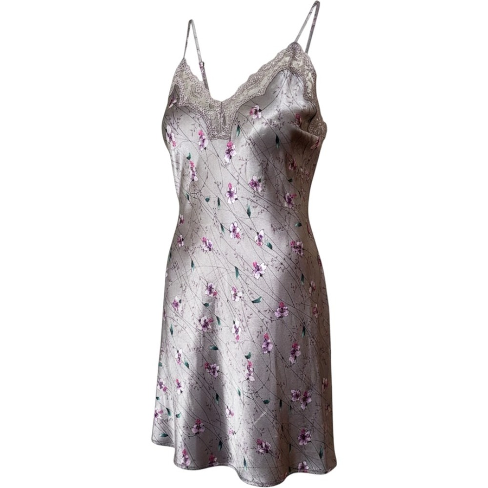 Secret Treasures Grey Purple Floral Satin Lace Trim Slip Dress Nightie Large